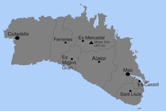 Gemeinden auf Menorca (Hauptort und Gebiet)